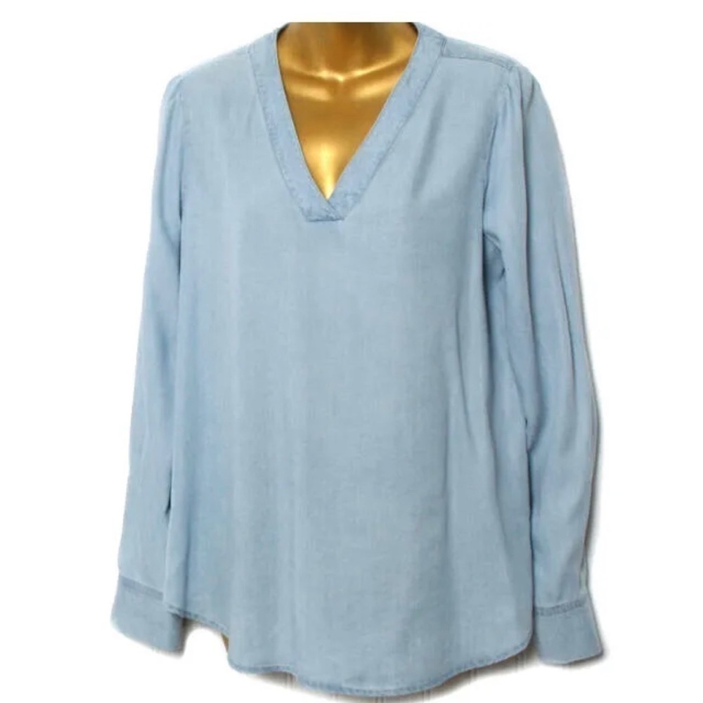 Vince Camuto Women Blue Chambray VNeck Long Sleeve Lyocell Tunic Top Small
